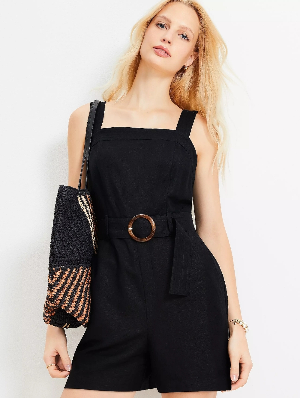 LOFT Petite Linen blend Belted Romper 0P